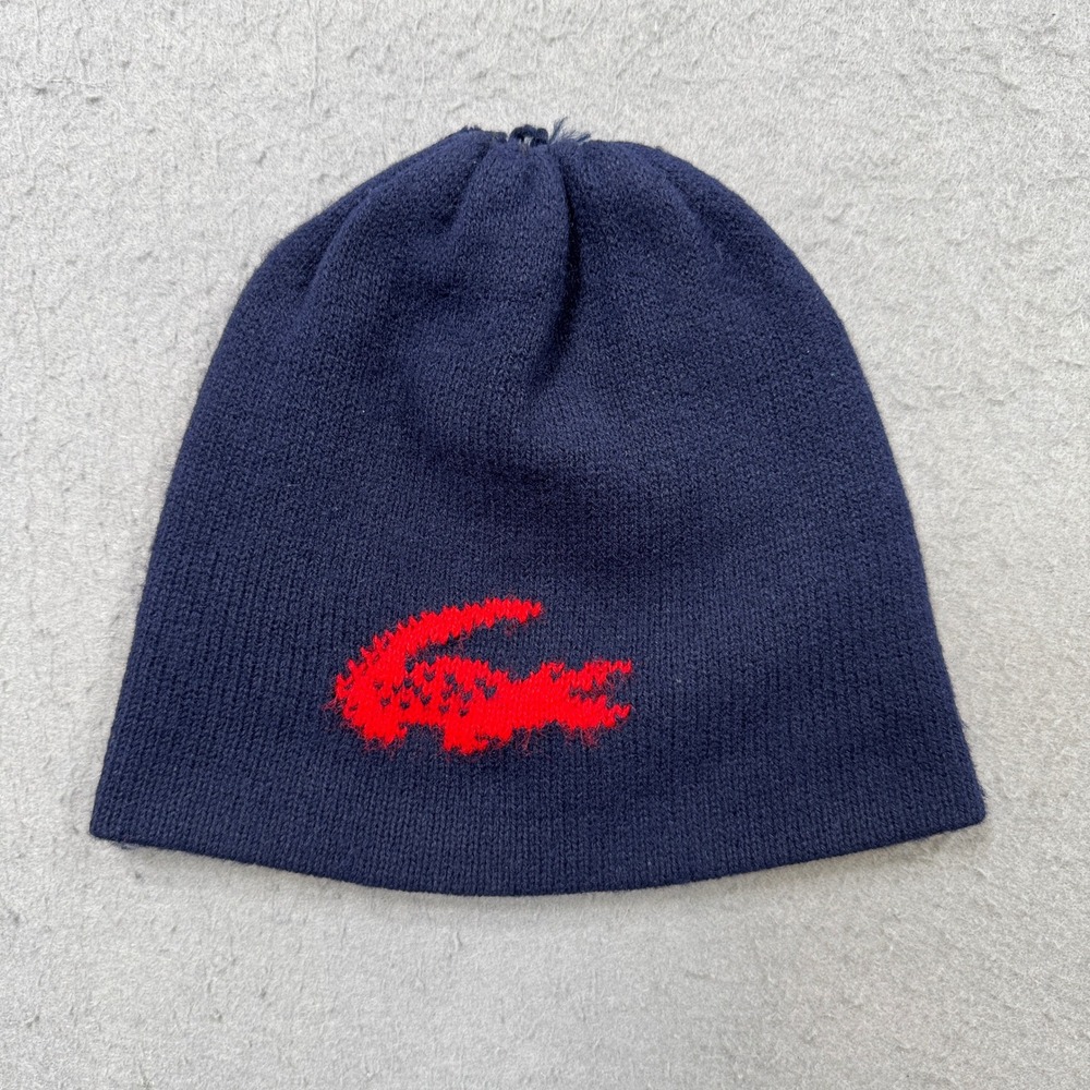 Lacoste Beanie Hat Men's One Size Navy Blue Red Logo Knit Winter Streetwear